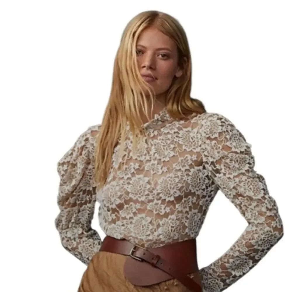 Anthropologie sheer lace mock neck Top